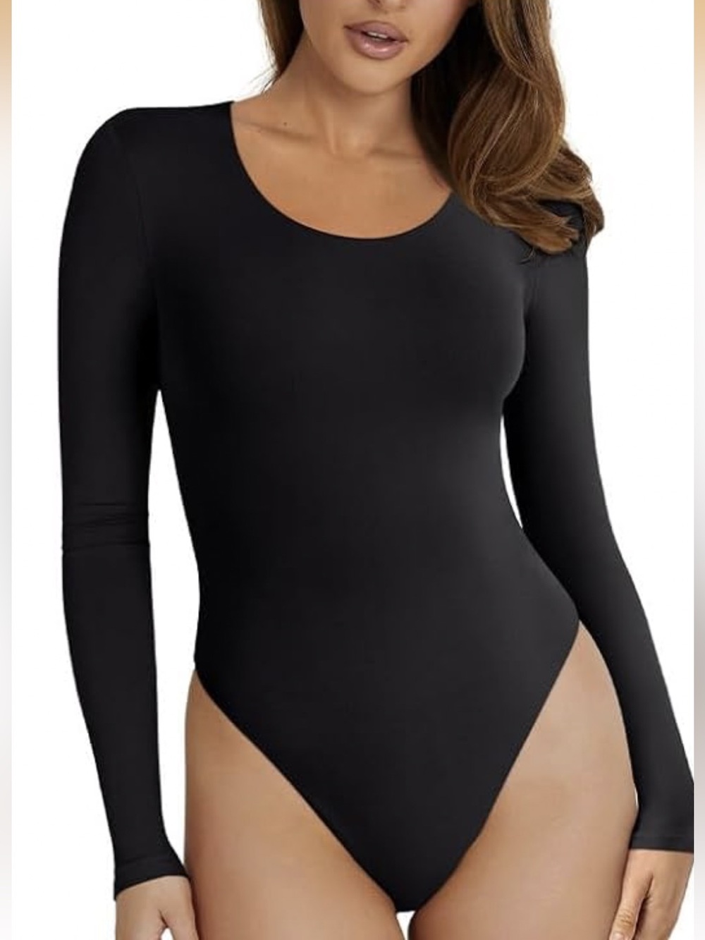 NWT(Zattcas) Women Black Long-Sleeve Scoop Neck Bodysuit back collar wide size L